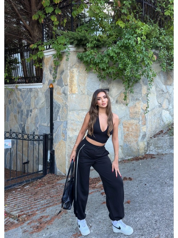 Siyah Şeritli Barrel Fit Eşofman Altı