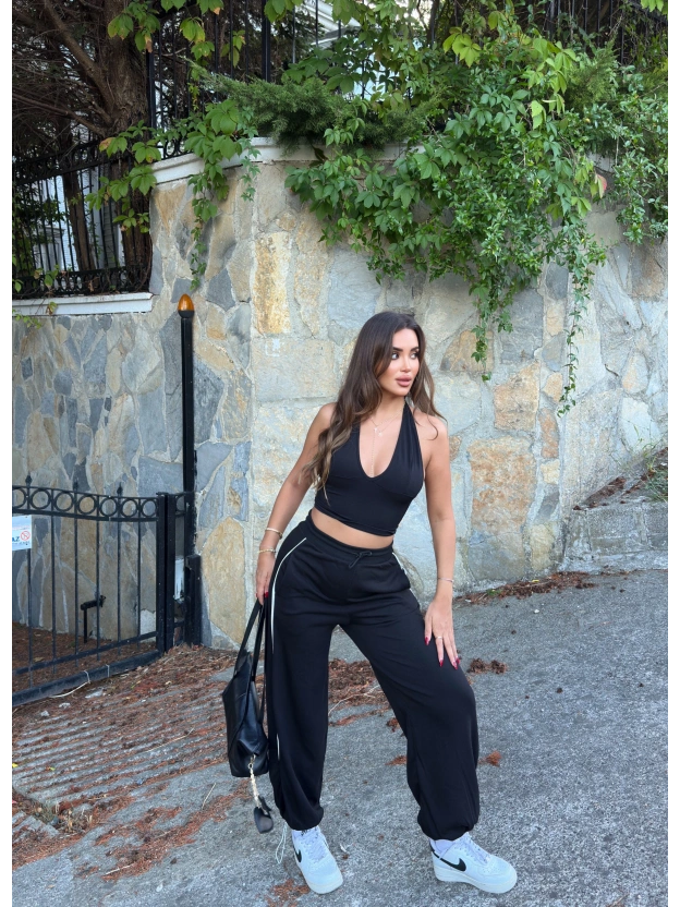 Siyah Şeritli Barrel Fit Eşofman Altı