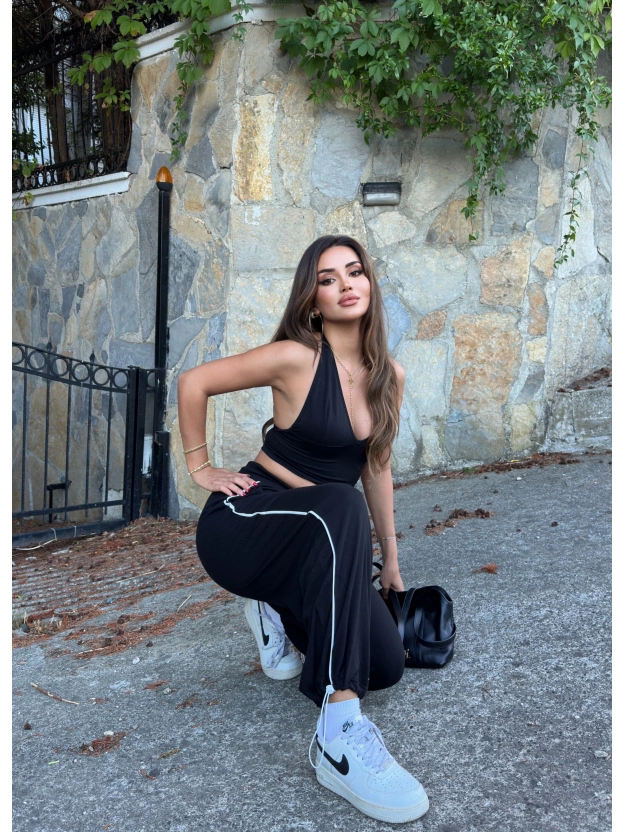 Siyah Şeritli Barrel Fit Eşofman Altı