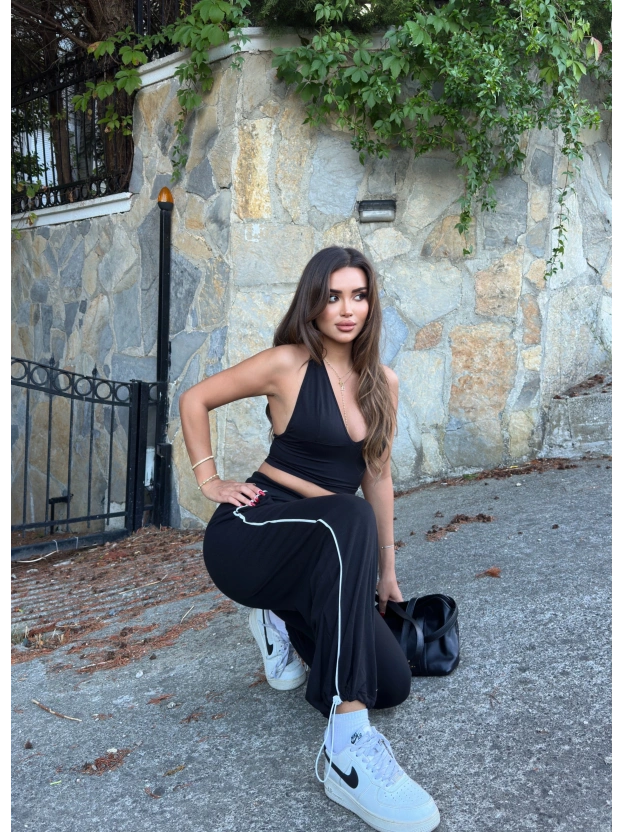 Siyah Şeritli Barrel Fit Eşofman Altı
