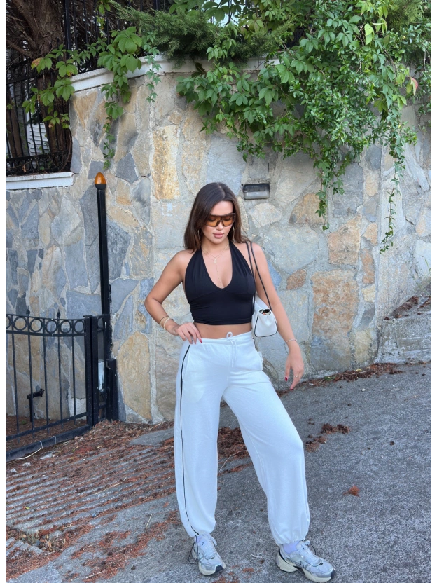 Beyaz Şeritli Barrel Fit Eşofman Altı