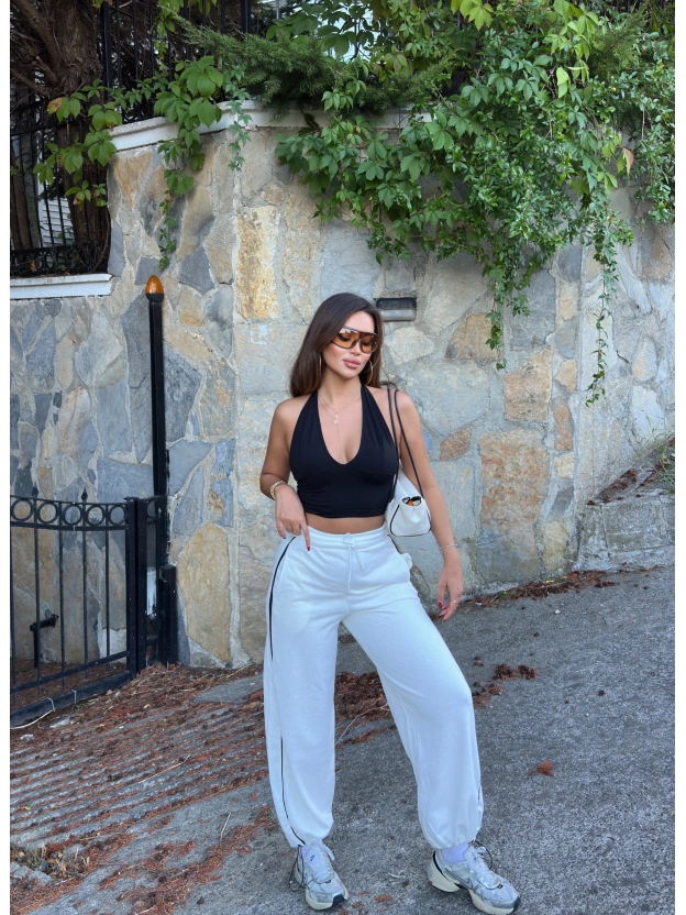 Beyaz Şeritli Barrel Fit Eşofman Altı