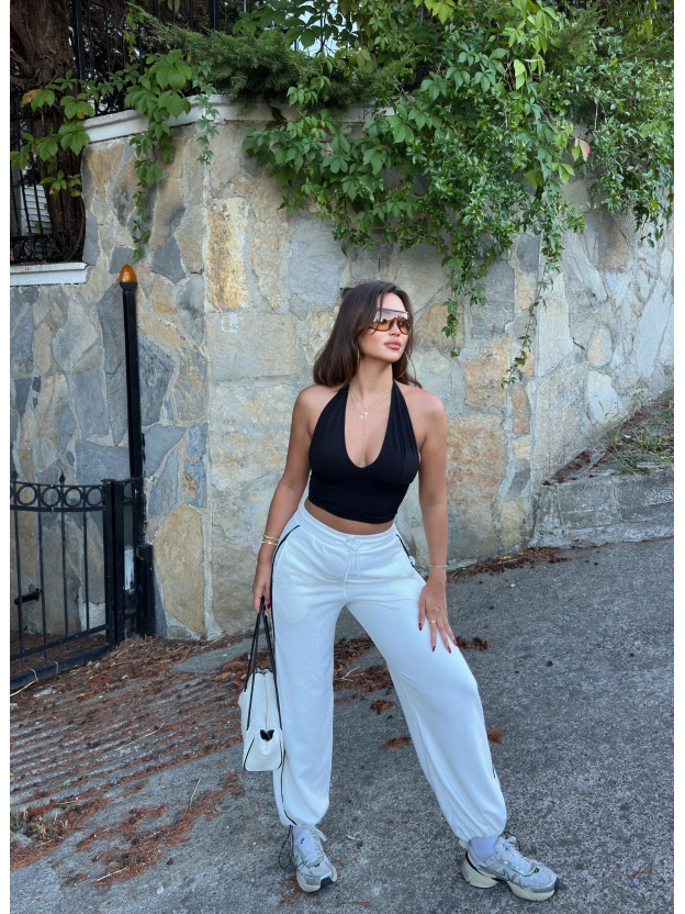 Beyaz Şeritli Barrel Fit Eşofman Altı