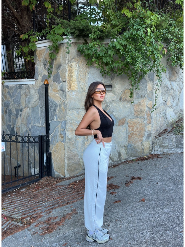 Beyaz Şeritli Barrel Fit Eşofman Altı