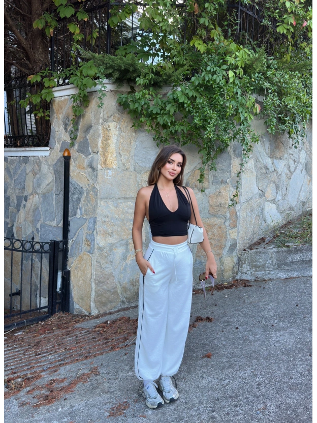 Beyaz Şeritli Barrel Fit Eşofman Altı