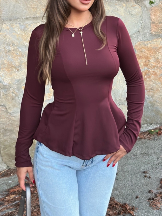 Bordo Bisiklet Yaka Volanlı Bluz