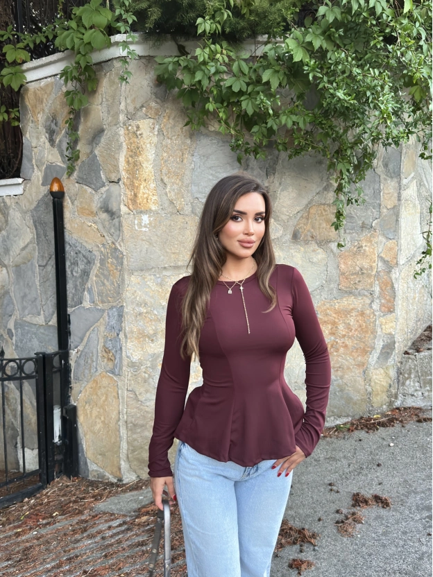 Bordo Bisiklet Yaka Volanlı Bluz