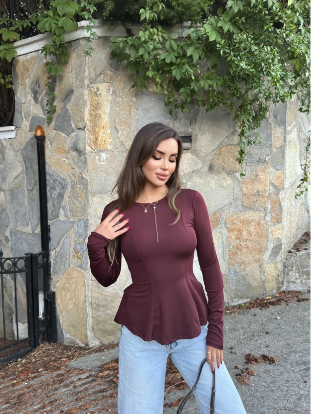 Bordo Bisiklet Yaka Volanlı Bluz