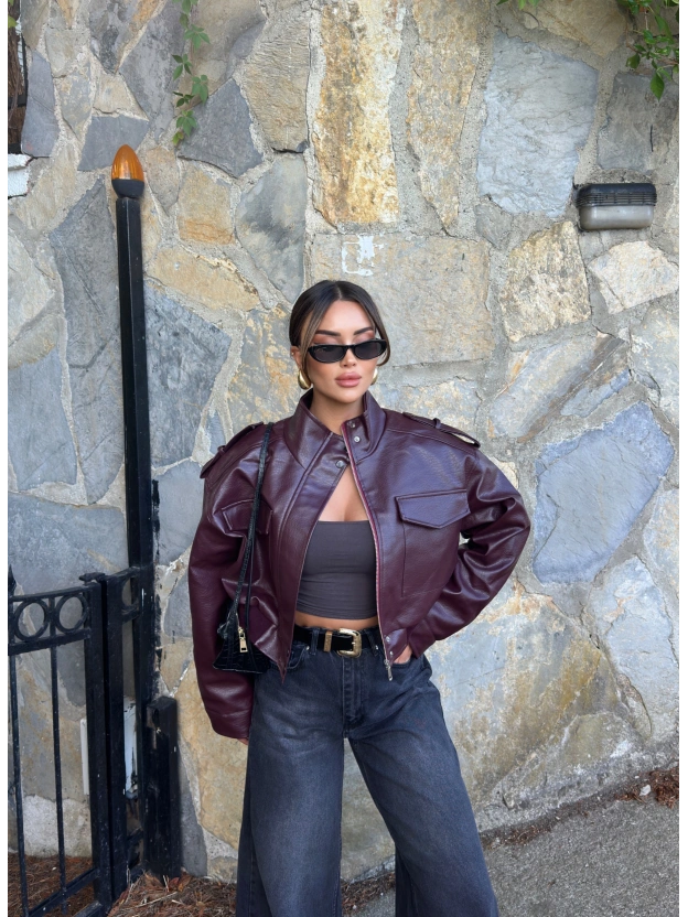 Bordo Cep Detay Deri Crop Ceket