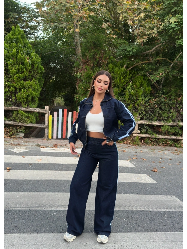 Koyu Mavi Denim Şeritli Takım
