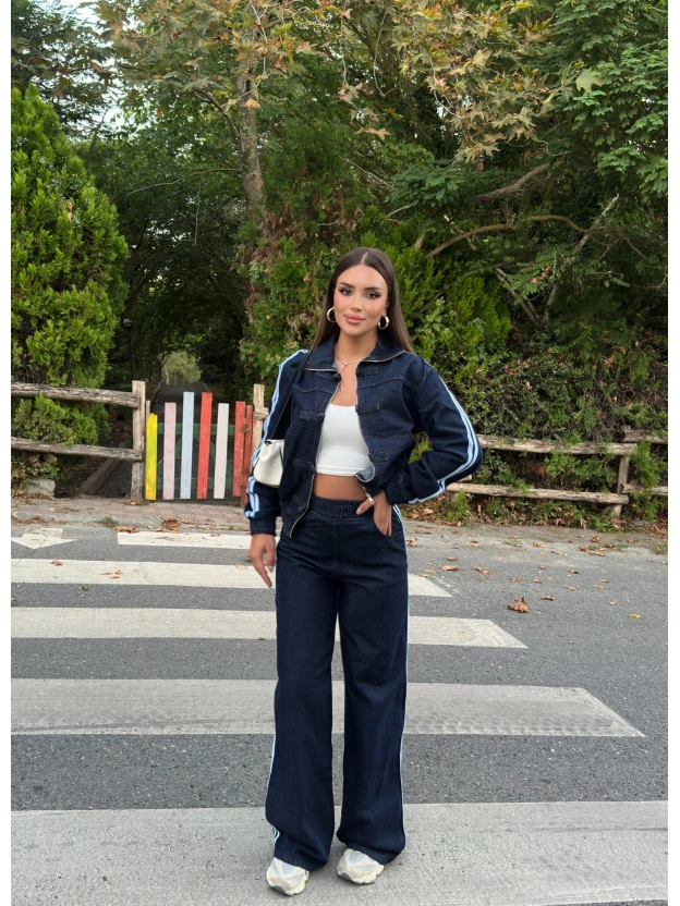 Koyu Mavi Denim Şeritli Takım