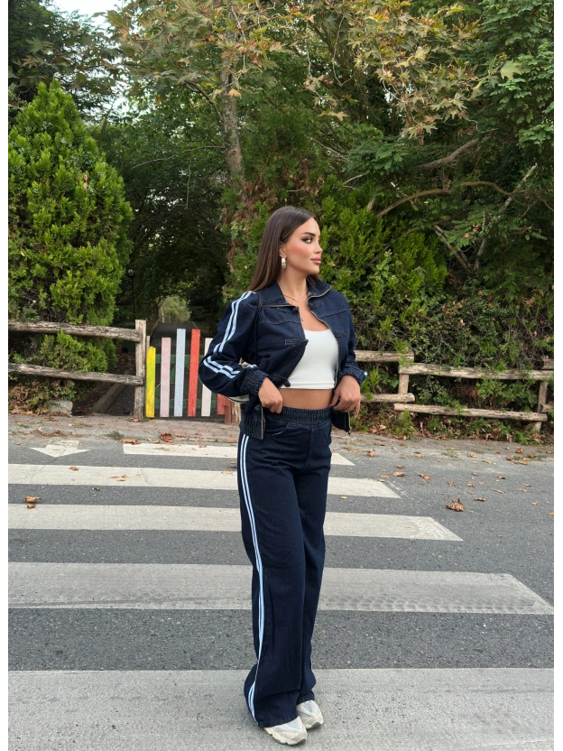 Koyu Mavi Denim Şeritli Takım