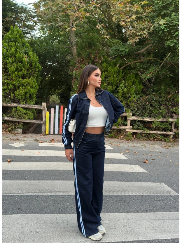 Koyu Mavi Denim Şeritli Takım