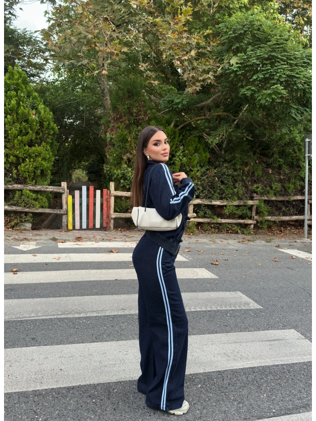 Koyu Mavi Denim Şeritli Takım
