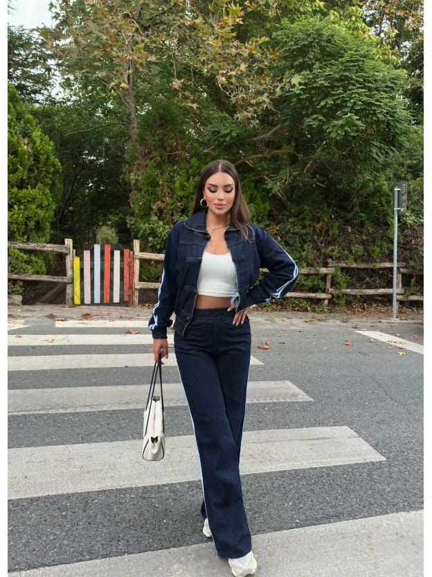 Koyu Mavi Denim Şeritli Takım