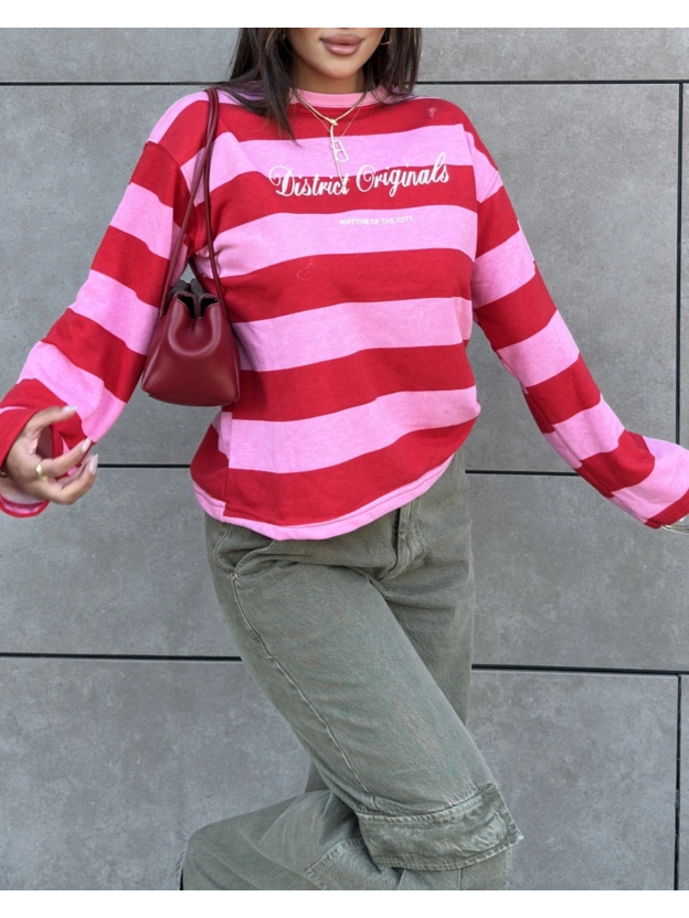 Pembe Baskılı Bisiklet Yaka Overize Sweatshırt