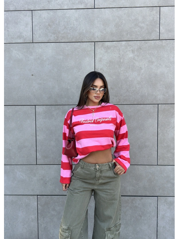 Pembe Baskılı Bisiklet Yaka Overize Sweatshırt