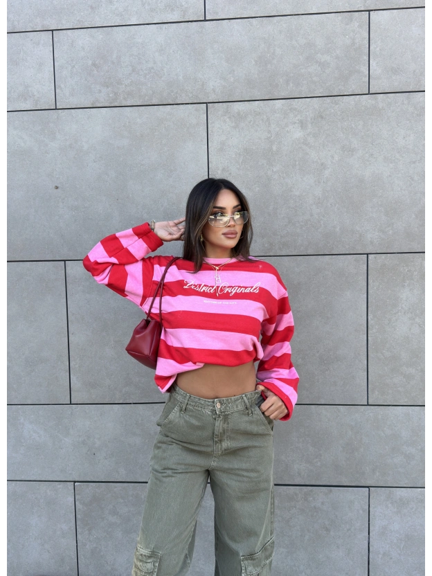 Pembe Baskılı Bisiklet Yaka Overize Sweatshırt