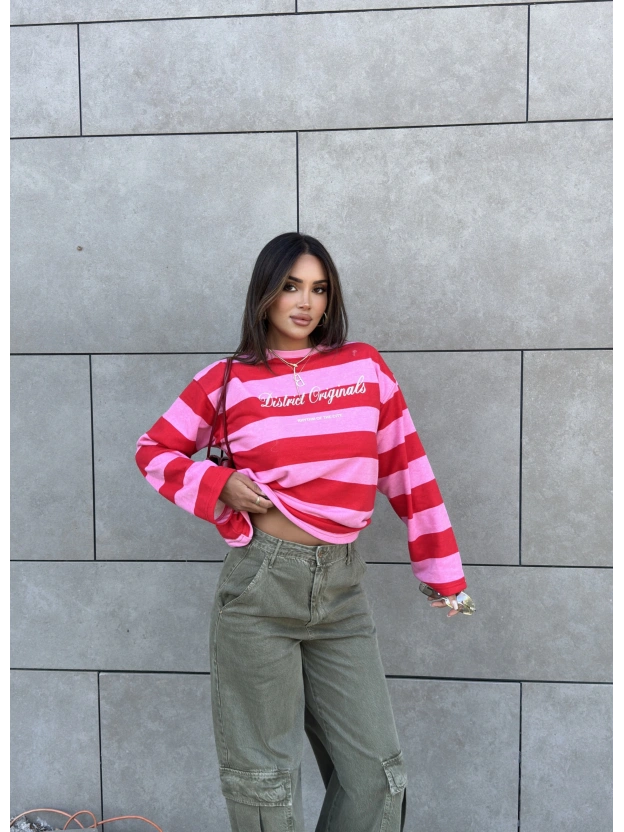Pembe Baskılı Bisiklet Yaka Overize Sweatshırt