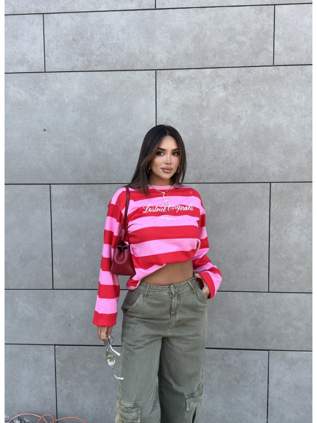 Pembe Baskılı Bisiklet Yaka Overize Sweatshırt