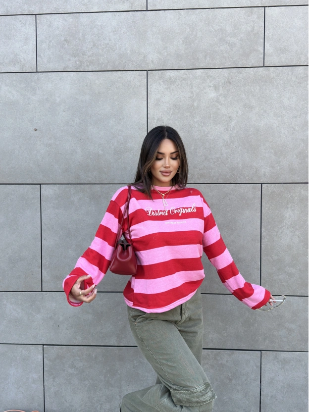 Pembe Baskılı Bisiklet Yaka Overize Sweatshırt