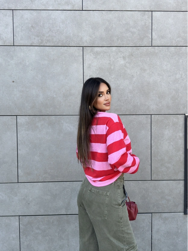 Pembe Baskılı Bisiklet Yaka Overize Sweatshırt