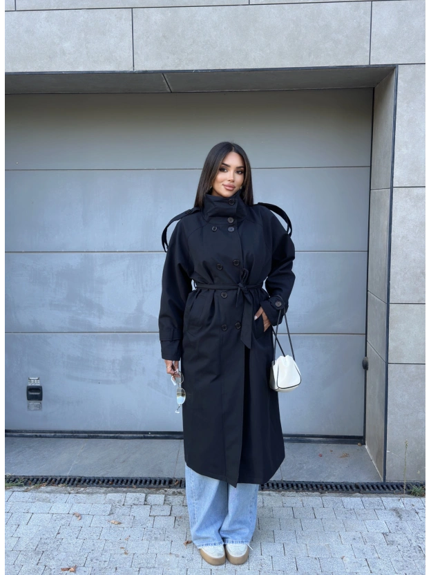 Siyah Dik Yaka Premium Trençkot