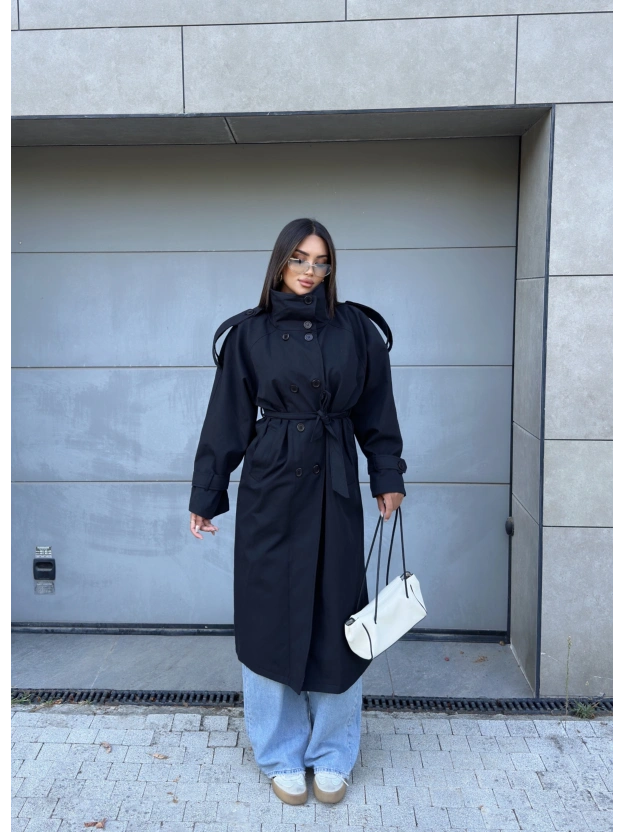 Siyah Dik Yaka Premium Trençkot