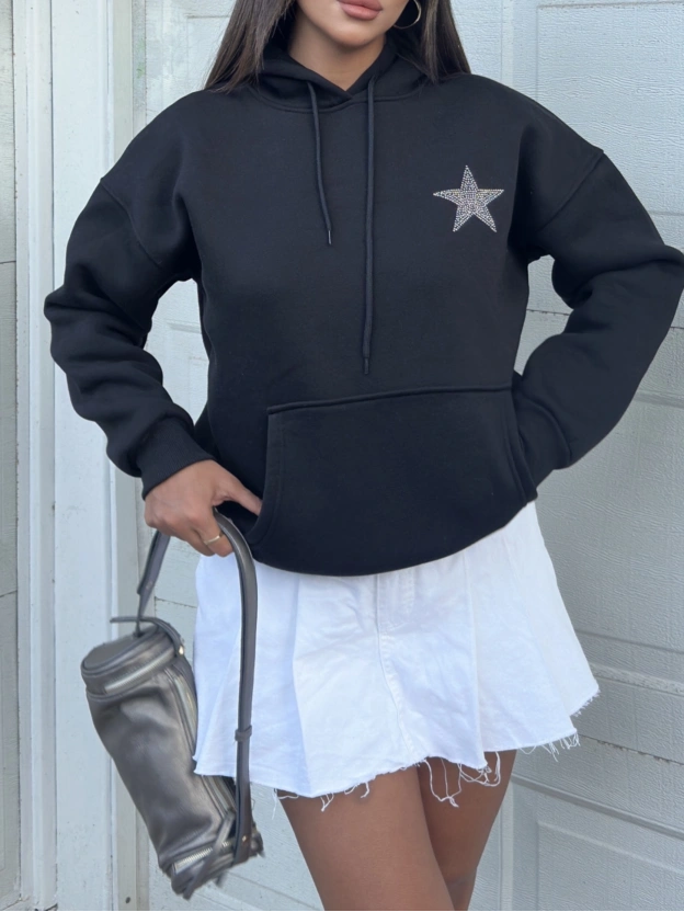 Siyah Taş İşlemeli Oversize Sweatshirt