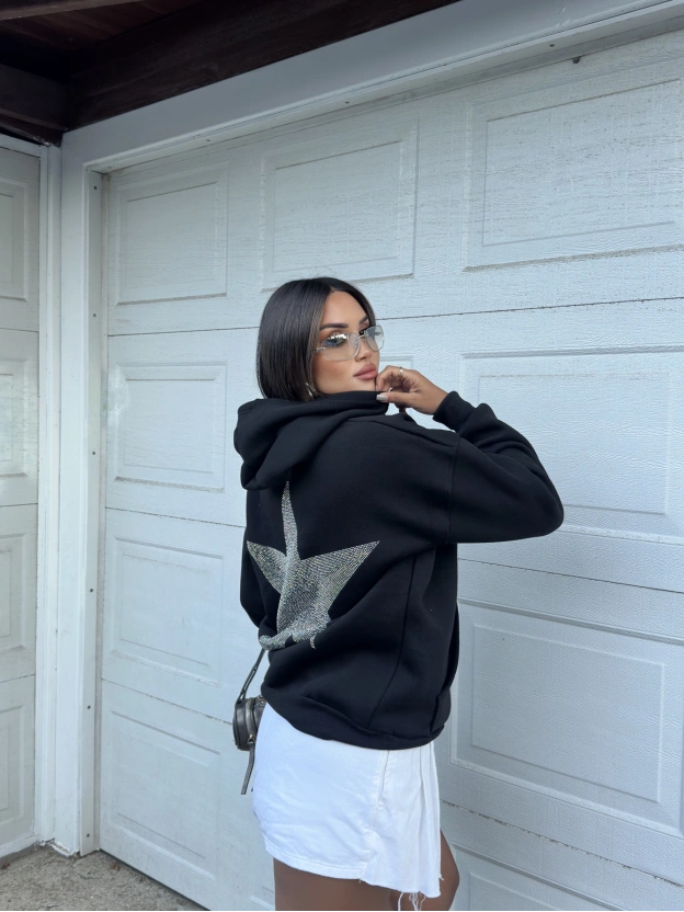 Siyah Taş İşlemeli Oversize Sweatshirt