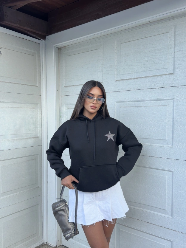 Siyah Taş İşlemeli Oversize Sweatshirt