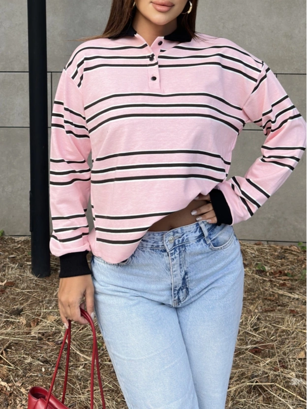 Pembe Polo Yaka Çizgili Sweatshırt
