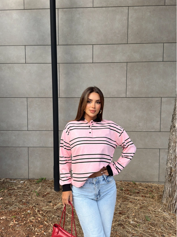 Pembe Polo Yaka Çizgili Sweatshırt