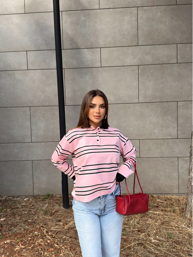 Pembe Polo Yaka Çizgili Sweatshırt
