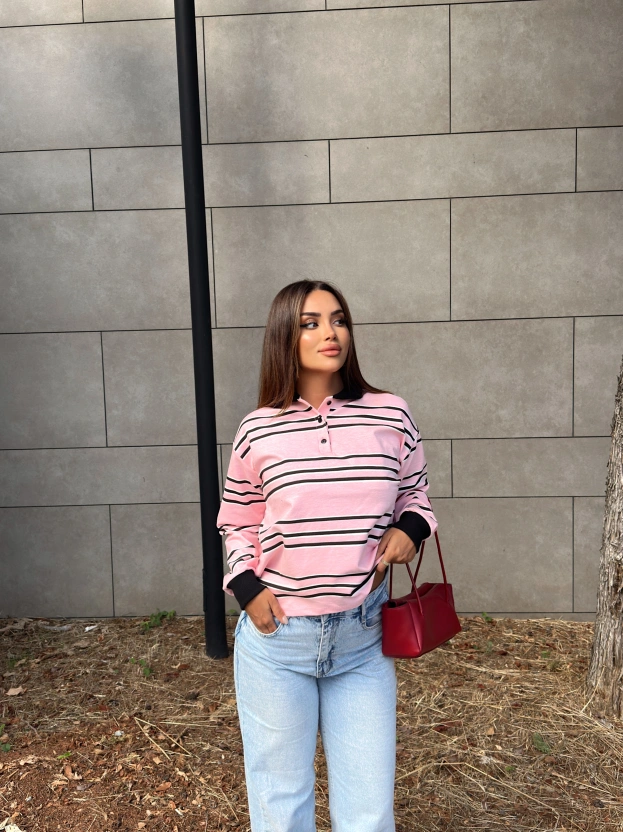 Pembe Polo Yaka Çizgili Sweatshırt