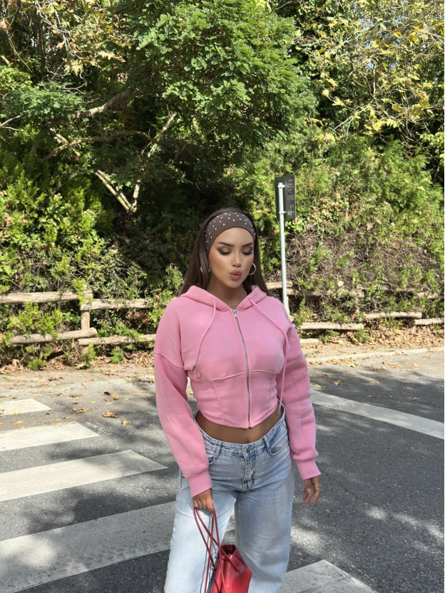 Pembe Korse Crop Hırka