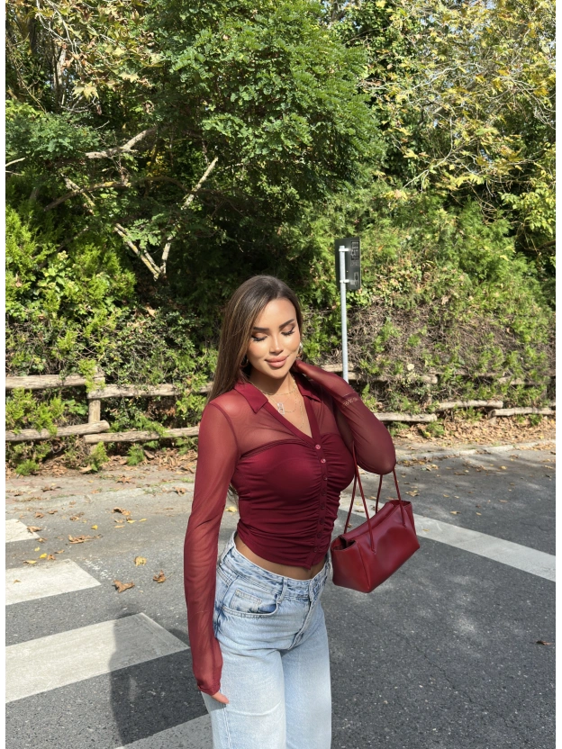 Bordo Polo Yaka Düğmeli Bluz