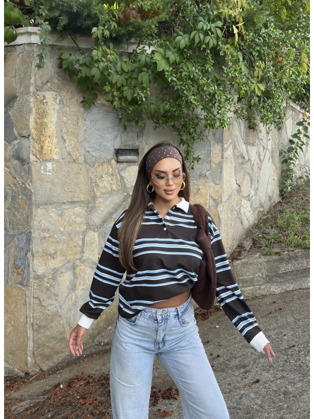 Kahverengi Polo Yaka Çizgili Sweatshırt