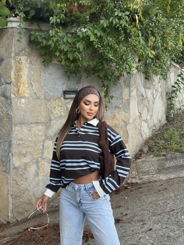 Kahverengi Polo Yaka Çizgili Sweatshırt