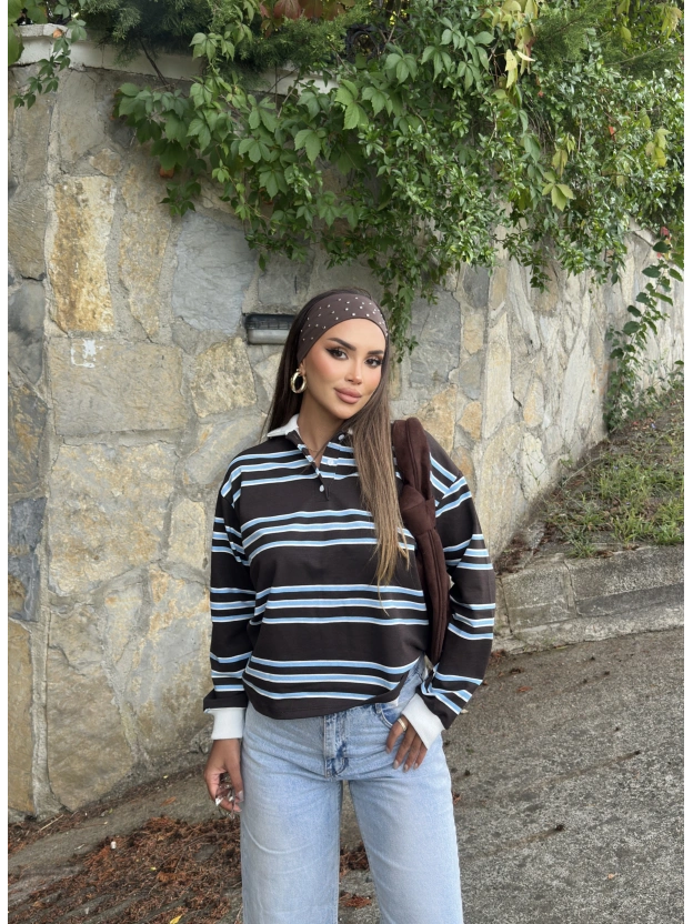 Kahverengi Polo Yaka Çizgili Sweatshırt