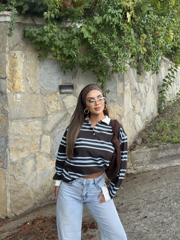 Kahverengi Polo Yaka Çizgili Sweatshırt