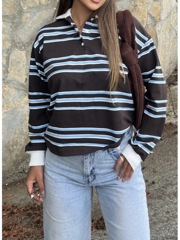 Kahverengi Polo Yaka Çizgili Sweatshırt