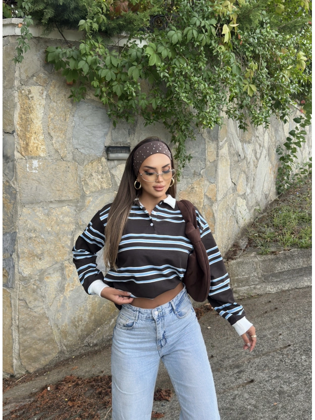 Kahverengi Polo Yaka Çizgili Sweatshırt