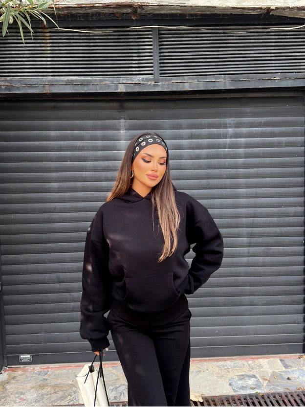 Siyah Angel Taş İşlemeli Sweatshırt