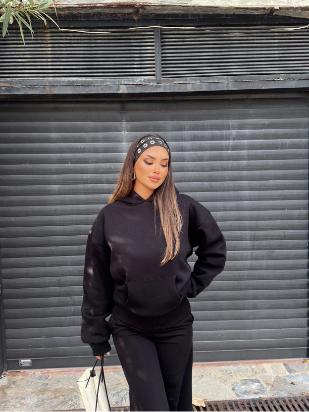 Siyah Angel Taş İşlemeli Sweatshırt