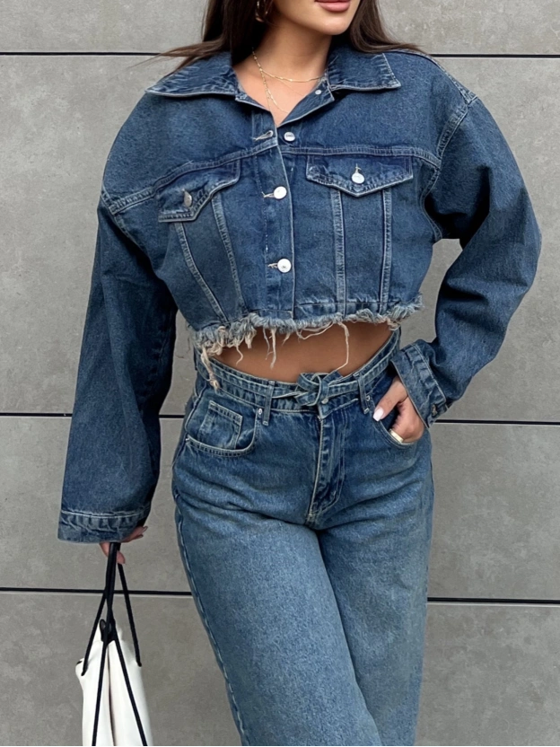 Mavi Yıkamalı Crop Ceket