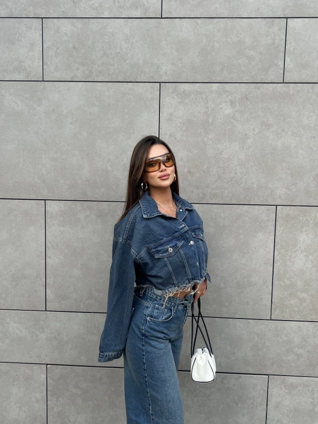 Mavi Yıkamalı Crop Ceket