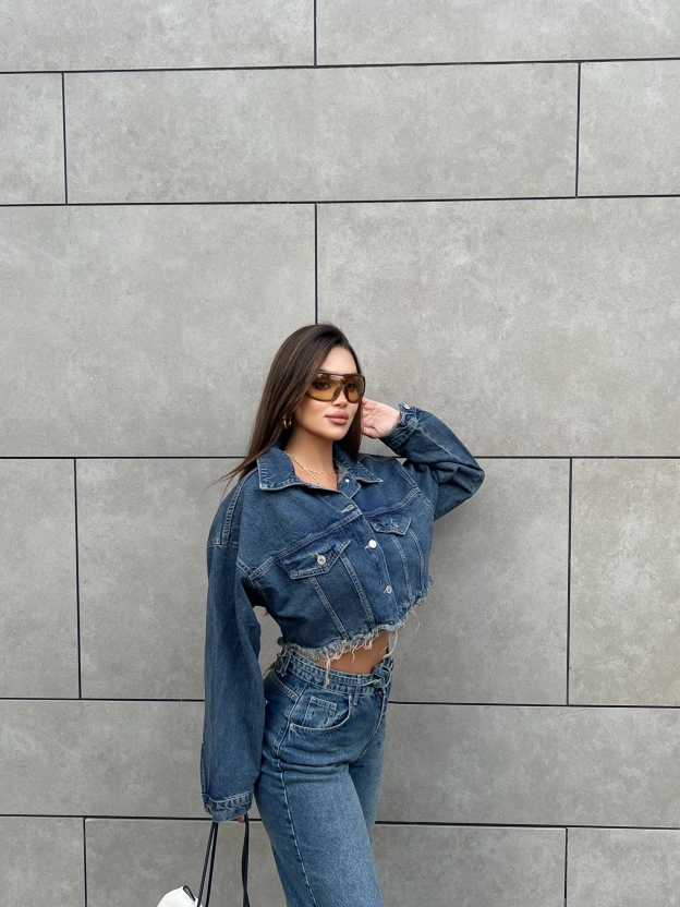 Mavi Yıkamalı Crop Ceket