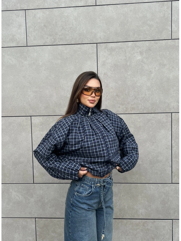 Lacivert Mini Ekoseli Bomber Ceket