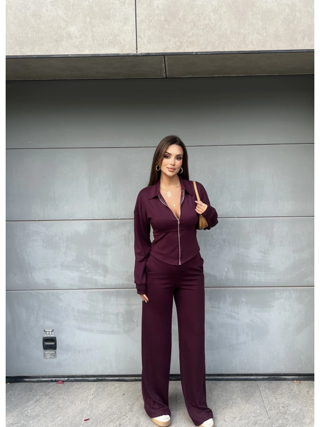 Bordo Polo Yaka Kuşaklı Fermuarlı Takım